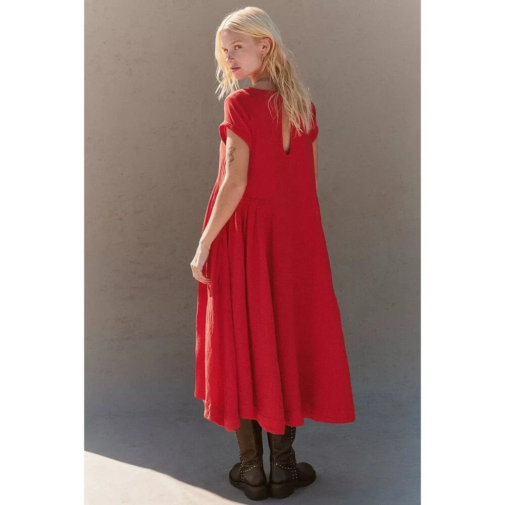 Free People Free-Est Blaine Midi Dress Cap Sleeve Fiery Red Scoop Neck S 288432